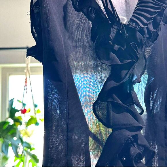 Antilia Femme Blouse Tie Waist Sheer Black Ruffle Hem Pleated Button Up Sz Large - Picture 8 of 8